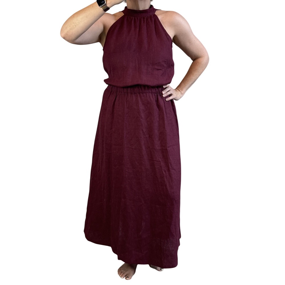 Linen Handmade Studio Alicia Maxi Dress Size XL 16/18 Eggplant Purple Red Pocket